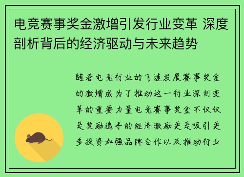 电竞赛事奖金激增引发行业变革 深度剖析背后的经济驱动与未来趋势