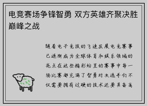 电竞赛场争锋智勇 双方英雄齐聚决胜巅峰之战